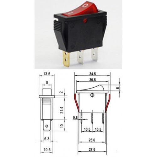 Διακόπτης rocker μεσαίοι ΟΝ-OFF 16A 250V 3P RL1-111/N-C2 με λυχνία κόκκινος