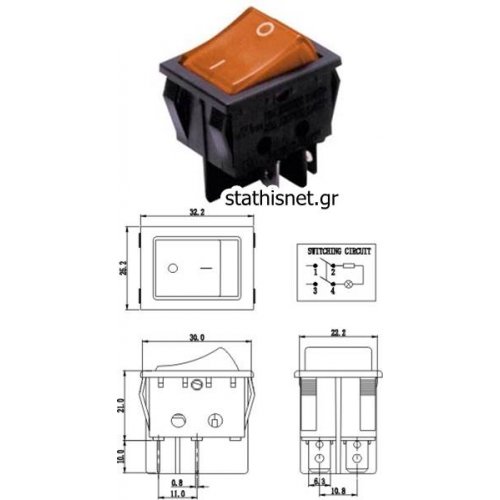 Διακόπτης rocker μεγάλος ΟΝ-OFF 16/20A 250V 4P PS8C-5 πορτοκαλί με λυχνία