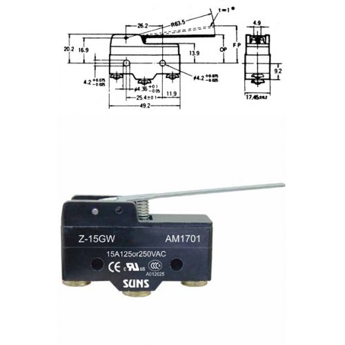 Διακόπτης Τερματικός Micro Switch 15A 250V AC AM-1701 (Z-15GW) Suns