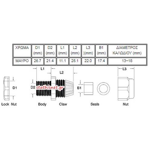 Στυπιοθλίπτης IP68 μαύρος PG-21 CHS