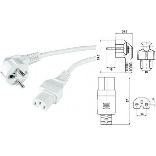 Καλώδιο τροφοδοσίας αρσενικό σούκο γωνιακό -> θηλύκο ίσιο IEC C15 (με αυλάκι) 3x1mm 2m λευκό