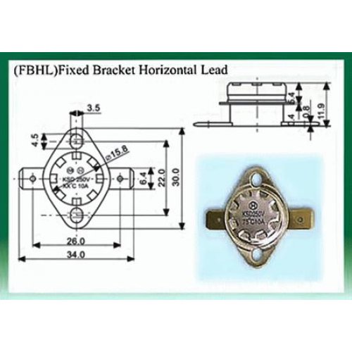 Θερμοστάτης KSD-F01 FBHL N/C 125°C με σταθερή οριζόντια βάση στήριξης μολύβδου