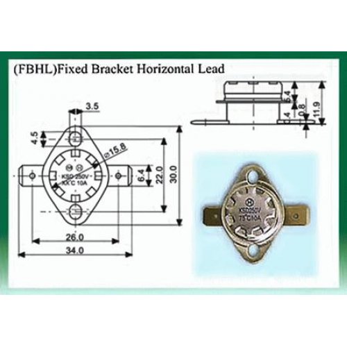 Θερμοστάτης KSD-F01 FBHL N/C 180°C με σταθερή οριζόντια βάση στήριξης μολύβδου