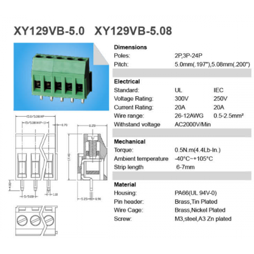 Κλέμα τυπωμένου 2Pins pitch 5mm ασανσέρ πράσινη XY129V-B Xinya