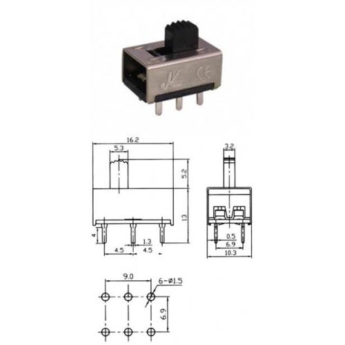 Διακόπτης συρόμενος ON-ON 0,5A 250V 2P PCB KBB45-2P2W