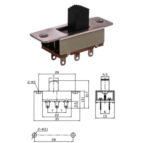 Διακόπτης συρόμενος μίνι ON-OFF-ON 3A 250V 6P KBB70-2P3W