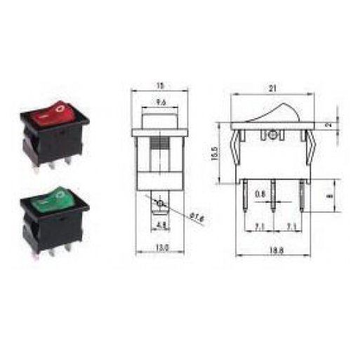 Διακόπτης rocker μίνι ΟΝ-OFF 10A 250V 3P RL3-311/N-H2 με λυχνία πράσινος