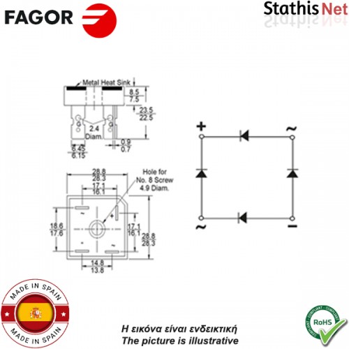 Γέφυρα ανόρθωσης τριφασική 35A 800V τετράγωνη πλαστική με ψύκτρα FB3508 FAGOR