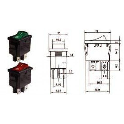 Διακόπτης rocker μίνι ΟΝ-OFF 10A 250V 4P RL3-421/N-H2 με λυχνία πράσινος