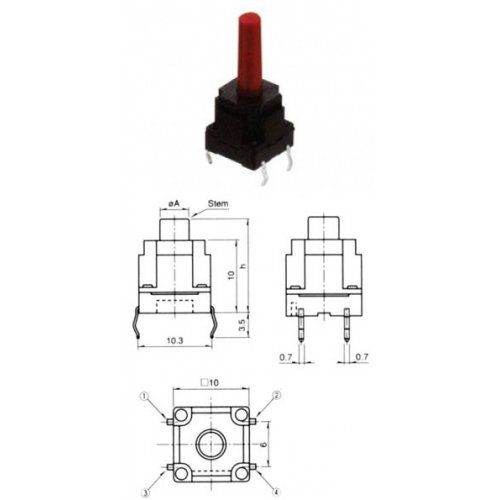 Tact switch 10x10x23.20mm 4pin 180gr TVJP11