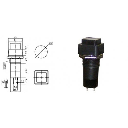 Διακόπτης μπουτόν mini OFF-(ON) 3Α 250V 2P push on PB303B μαύρος τετράγωνος