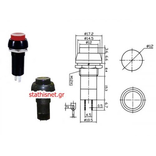 Διακόπτης μπουτόν push οn Φ12 6A 250V 2P PB305Β μαύρος χωρίς λυχνία στρογγυλός