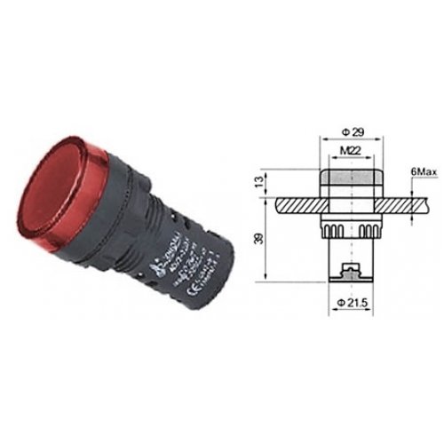 Ενδεικτική λυχνία κόκκινη βιδωτή Φ22 χωρίς καλώδιο με Led 12V AC-DC AD127-22DS