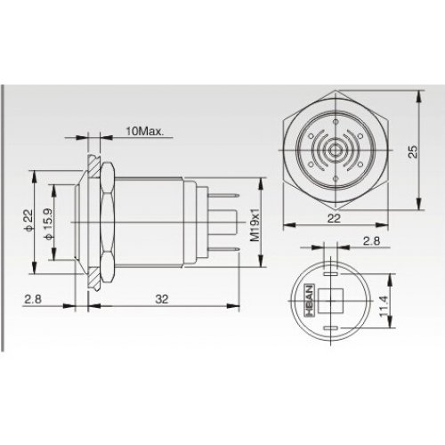 Σειρήνα buzzer πίνακα Φ19 με κόκκινο led λαμπάκι HBGQ19