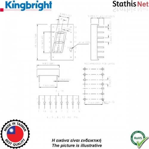 Display led 1 ψηφίου 10.16mm ανόδου κόκκινο SA0411EWA Kingbright