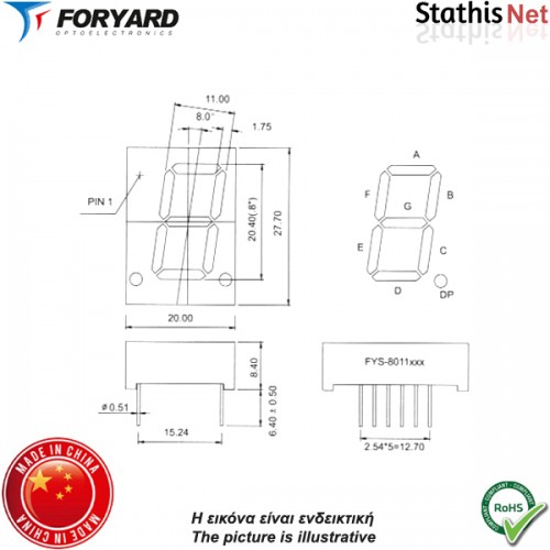 Display led 1 ψηφίου 20.4mm ανόδου κόκκινο TPD-8011BS-21 Foryard