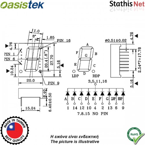 Display led 1 ψηφίου 20.4mm καθόδου κόκκινο 8102AH-N Οasistek