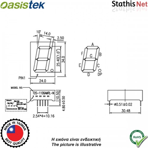 Display led 1 ψηφίου 25.4mm καθόδου κόκκινο 1106AH-N Οasistek