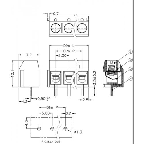 Κλέμα τυπωμένου 3Pins 5mm μπλέ KF301-3P-1-2 DFT