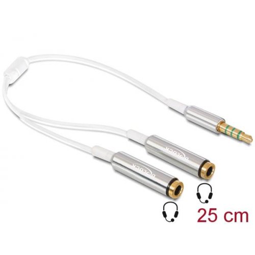 Καλώδιο καρφί 3.5mm αρσενικό 4 pin -> 2 x 4pin καρφί θηλυκό stereo 3.5mm ακουστικά + μικρόφωνο λευκό 65576 Delock