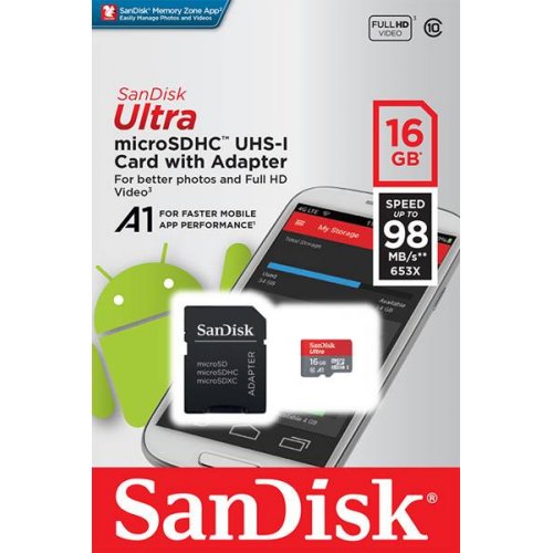 Κάρτα μνήμης 16GB SDSQUAR-016G-GN6MA Ultra Android micro class 10 DFHC/|MicroSDXC με SD αντάπτορα SanDisk
