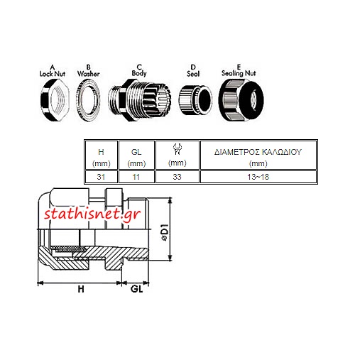 Στυπιοθλίπτης με φλάντζα IP68 μαύρος PG-21 CHS