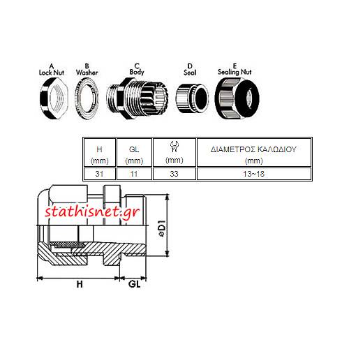 Στυπιοθλίπτης με φλάντζα IP68 γκρι PG-21 CHS