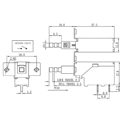 Διακόπτης push on 8A 250v 2pin PCB PS5A-02-Y1-01 Szbej