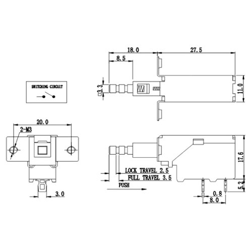 Διακόπτης push on 8A 250v 2pin Solder PS5A-03-Y1-01 Szbej