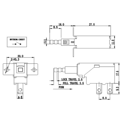 Διακόπτης push on 8A 250v 2pin Faston (4.8mm) PS5A-09-Y1-01 Szbej