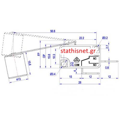 Διακόπτης micro switch με λαμάκι και βαρίδι 56,6mm 0,3 - 4,5N 16A 250V AC KW3-OZ Donghai