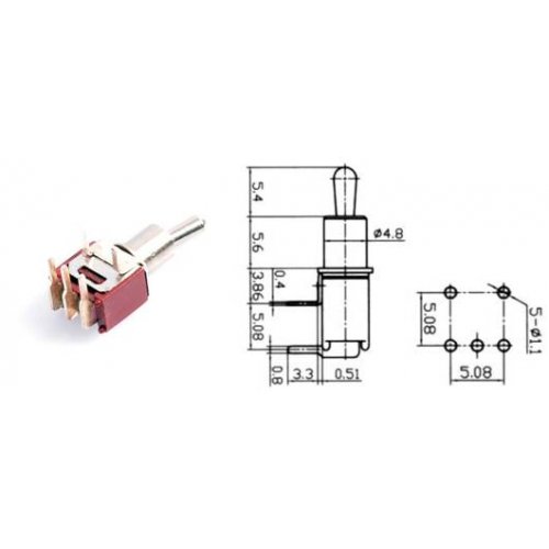 Διακόπτης toggle supermini ON-ON 1.5A 250V 3P PCB SMTS-102-2C3 Jietong