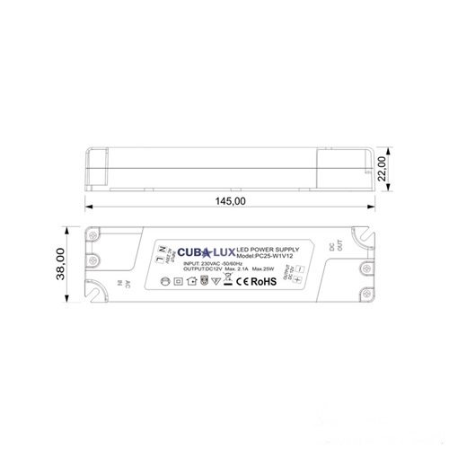 Τροφοδοτικό Led 230V IN -> OUT 12VDC 25W 2.1A IP20 TΩRA Cuba Lux