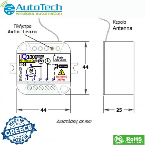 Πλακέτα τηλεχειρισμού ρολλών 230V 433,92 Mhz IQ1000 Autotech