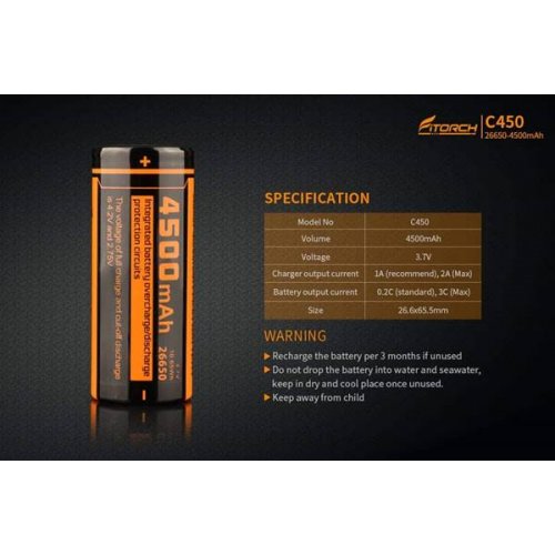 Μπαταρία Λιθίου 3.7V 26650 4500mAh Li-Ion C450 Fitorch