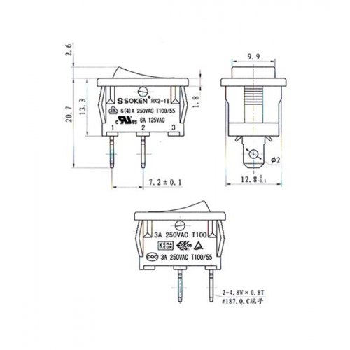 Διακόπτης rocker μίνι ΟΝ-OFF 6A 250V 2P γκρι χωρίς λυχνία RΚ2-18 soken