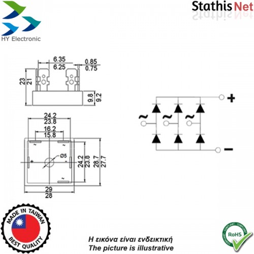 Γέφυρα ανόρθωσης τριφασική 35A 1600V τετράγωνη πλαστική με ψύκτρα SBR3516G HY Electronic