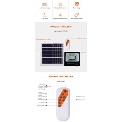 Προβολέας led ηλιακός 25W 120° day light 6400K με τηλεχειριστήριο μαύρος LO-SL1909 Invictus