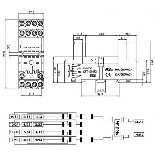 Βάση ράγας για μεσαίο relay 4pins CST-S14F2 CHENYAO