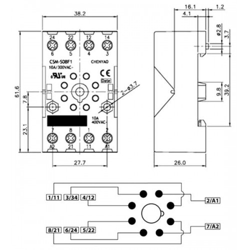 Βάση ράγας για relay τύπου λυχνίας 8pins CSM-S08F1 CHENYAO