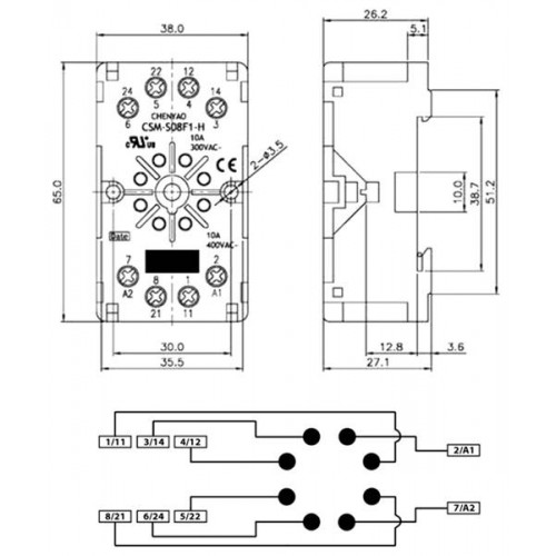 Βάση ράγας για relay τύπου λυχνίας 8pins CSM-S08F1-H CHENYAO