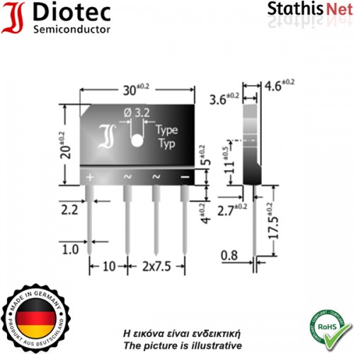 Γέφυρα ανόρθωσης 25A 1000V πλακέ GBI25M Diotec Semiconductor
