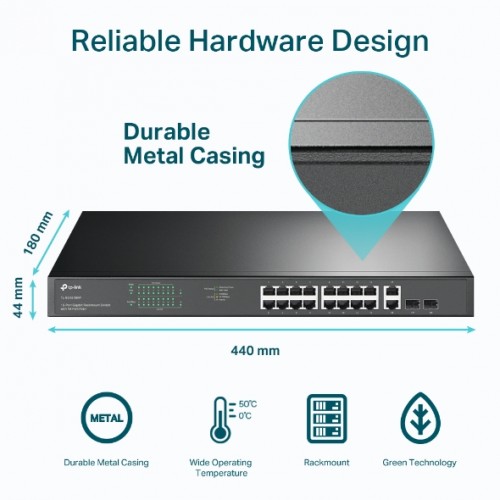 Switch 16-Port Gigabit PoE+ Rackmount + 2 Gigabit non PoE + 2 Gigabit SFP TL-SG1218MP TP-LINK