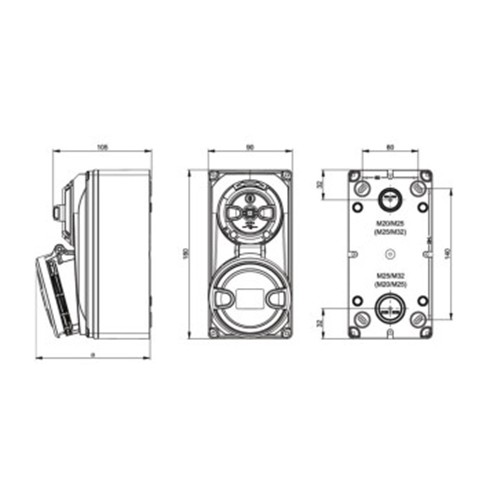 Πρίζα τοίχου βιομηχανική θηλυκή 4pin 16A 400VAC IP44 με διακόπτη και μηχανική μανδάλωση 6114-6 PCE
