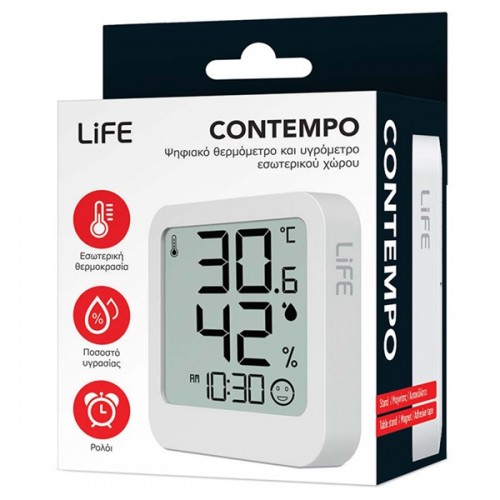 Ψηφιακό θερμόμετρο εσωτερικής με ρολόι λευκό CONTEMPO LIFE