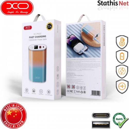 Power bank 10000mAh 22.5W με θύρα USB-A και με θύρα Type-C QC22.5 + PD20W μπλέ/πορτοκαλί PR222 XO