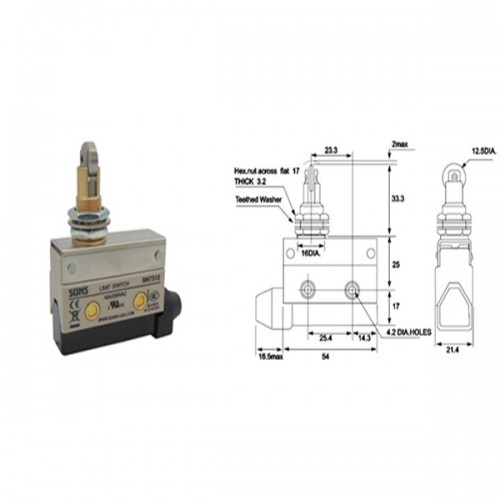 Διακόπτης τερματικός mini limit με ροδάκι σταθερό κάθετο & παξιμάδι SPDT 10A 250V AC IP64 SN7312 Suns