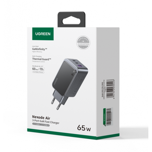 Τροφοδοτικό 230V in -> 1 x USB A + 2 x USB C Out GaN 5V 65W + PD3.0 γκρι 35042 Ugreen