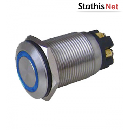 Μπουτόν Push On μεταλικό στρόγγυλο Φ19 με μπλε λυχνία 12VAC HBS1GQ DHE