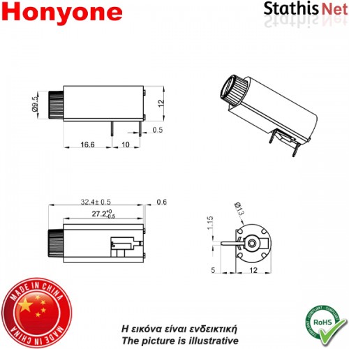 Ασφαλειοθήκη τυπωμένου PCB 5x20mm 10A FH10-206W μαύρη Honyone